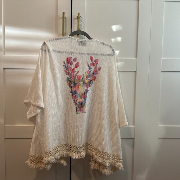 Judith March Accessories - Judith March Boho Crochet Open Fringed Kimono with Deer PRint- O/S